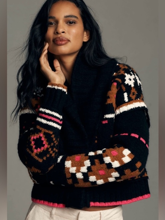 Anthropologie Sweaters - Anthropologie Thick knit Aztec Boho Black Shawl-Collar Cardigan 3 snap closure L